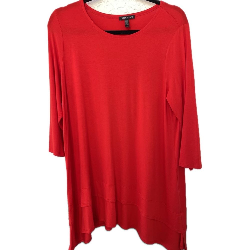 Eileen Fisher Tunic Top Red 3/4 Sleeve Stretch Asymmetric Medium